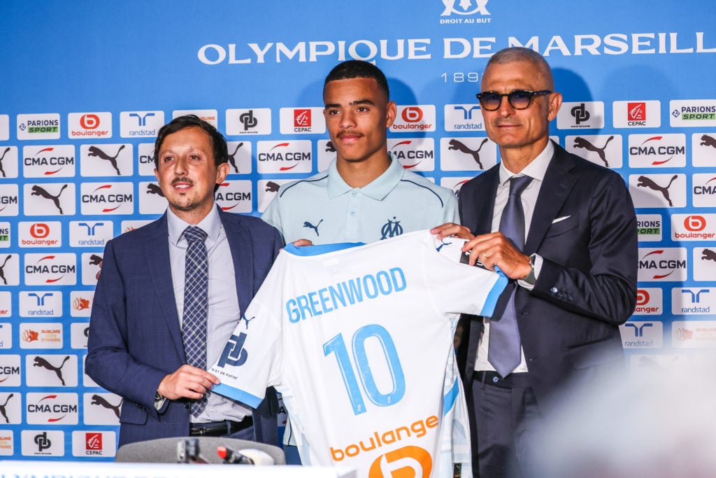 Pablo LONGORIA president, Mason GREENWOOD new player's and Fabrizio RAVANELLI, institutional and sports advisor of Marseille during a press confere...