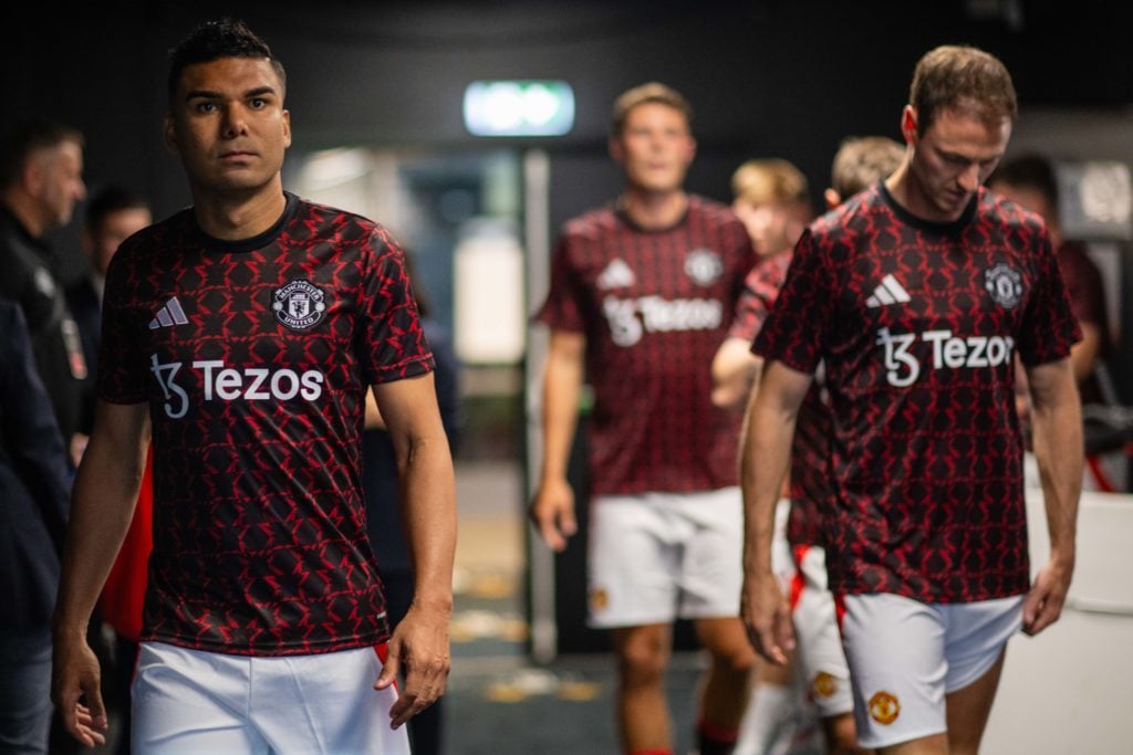 Casemiro of Manchester United warms up ahead of the pre-season friendly match between Rosenborg and Manchester United at Lerkendal Stadium on July ...