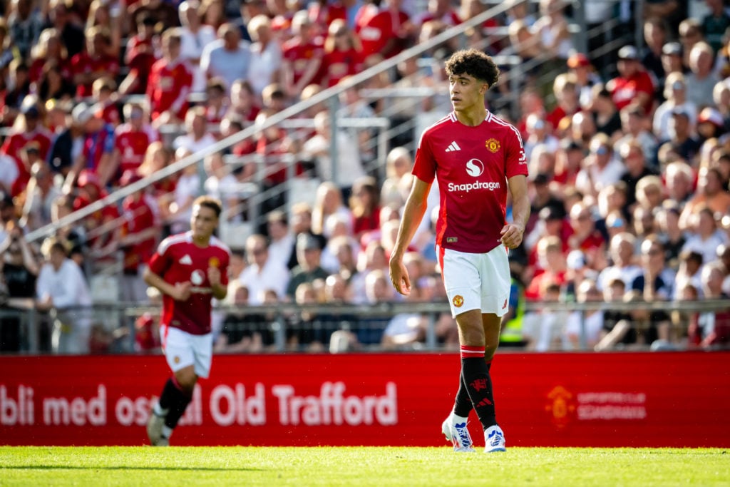 Ethan Wheatley of Manchester United in action during the pre-season friendly match between Rosenborg and Manchester United at Lerkendal Stadium on ...