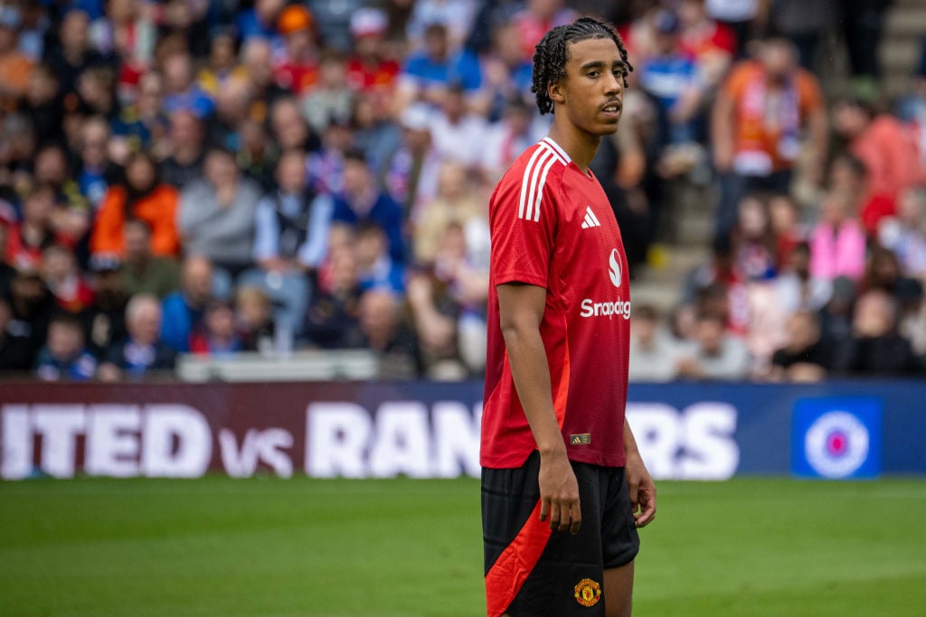 Leny Yoro of Manchester United in action during a pre-season friendly match between Manchester United v Glasgow Rangers at Murrayfield Stadium on J...