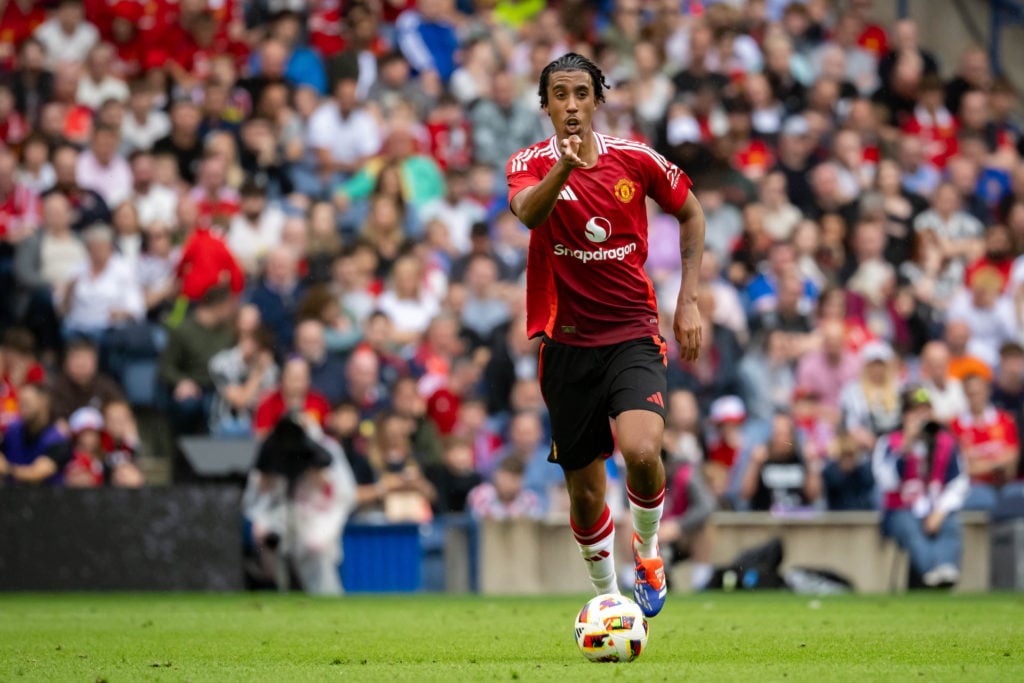 Leny Yoro of Manchester United in action during a pre-season friendly match between Manchester United v Glasgow Rangers at Murrayfield Stadium on J...