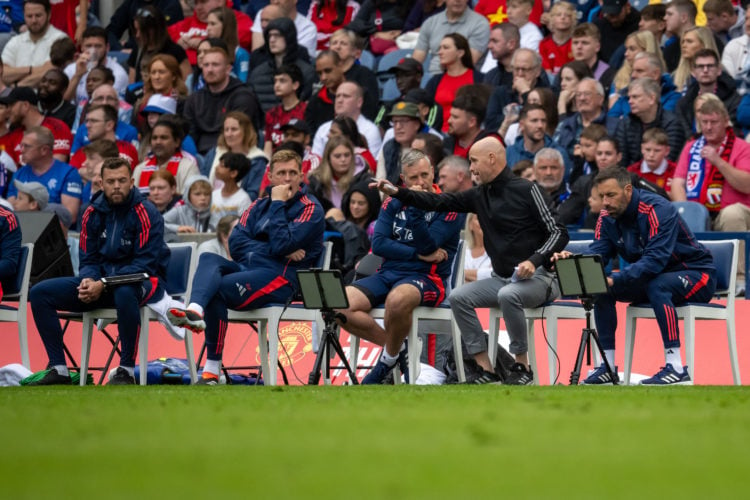 Manager Erik ten Hag of Manchester United watches from the bench during a pre-season friendly match between Manchester United v Glasgow Rangers at ...