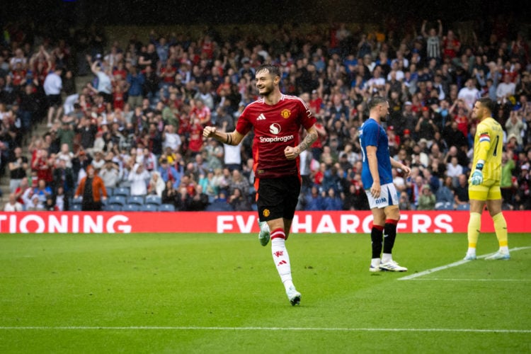 Joe Hugill of Manchester United celebrates scoring their second goal during a pre-season friendly match between Manchester United v Glasgow Rangers...