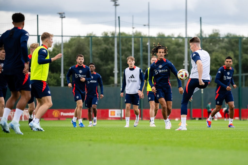 Rasmus Hojlund, Mason Mount, Amad, Sam Mather, Jonny Evans, Hannibal Mejbri, Scott McTominay and Casemiro of Manchester United in action during a p...