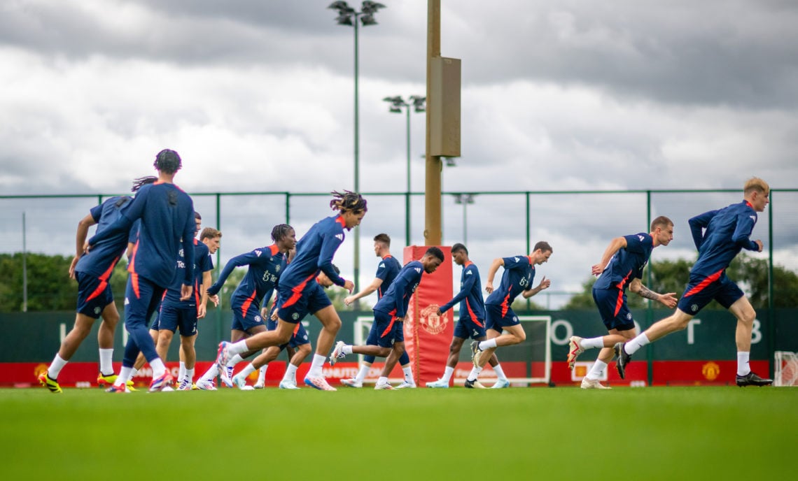 Hannibal Mejbri, Amad, Jonny Evans, Rhys Bennett and Toby Collyer of Manchester United in action during a pre-season training session at Carrington...