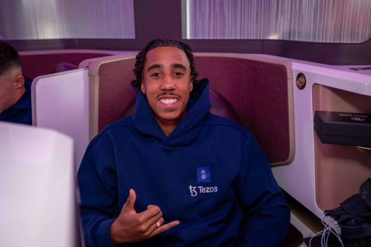 Leny Yoro of Manchester United departs from Manchester Airport ahead of their pre-season tour on July 24, 2024 in Manchester, England.