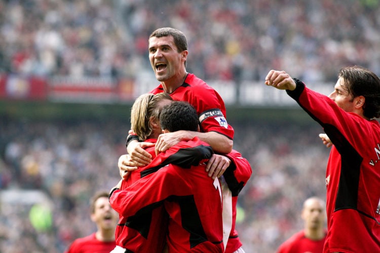 Ryan Giggs is congratulated on scoring Manchester United's third goal by teammates David Beckham, Roy Keane and Ruud van Nistelrooy during the FA B...