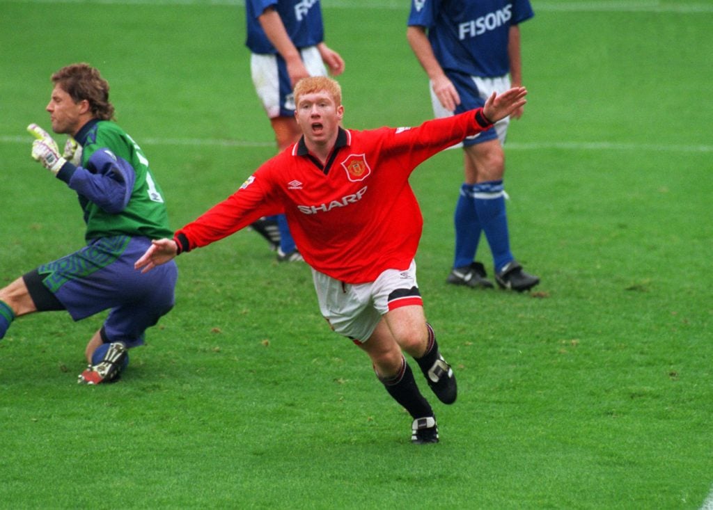 24 September 1994 FA Premiership, Ipswich Town v Manchester United, Paul Scholes runs away in celebration as he scores a goal for United.