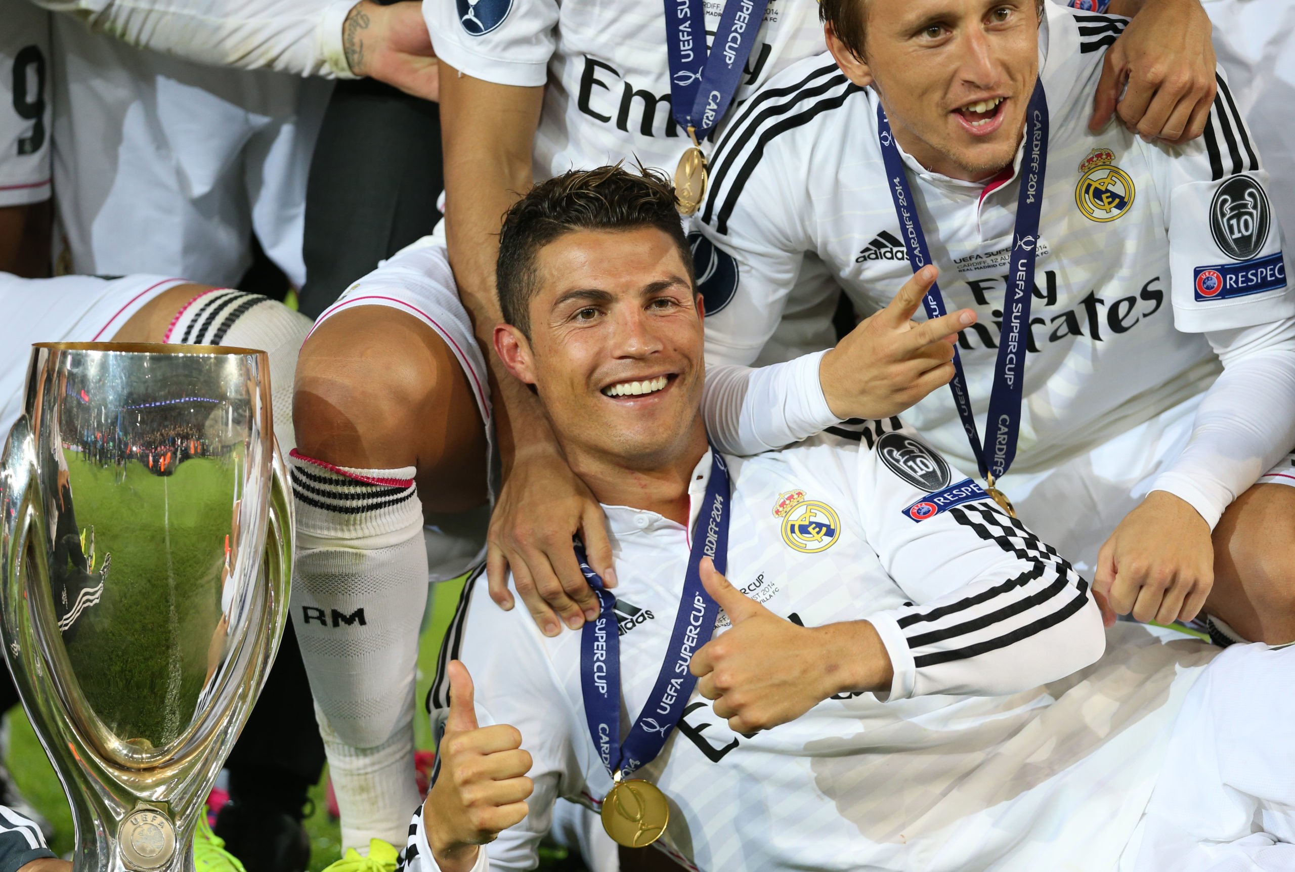 Cristiano Ronaldo of Real Madrid gestures during the UEFA Super Cup match between  Real Madrid and Sevilla at Cardiff City Stadium on August 12, 20...