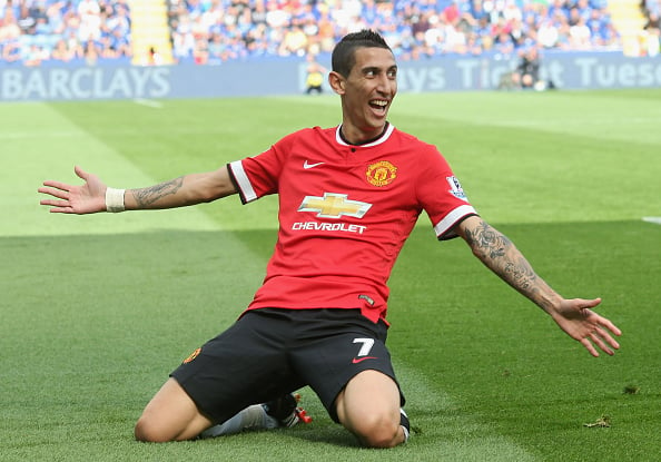 Angel di Maria of Manchester United celebrates scoring their second goal during the Barclays Premier League match between Leicester City and Manche...