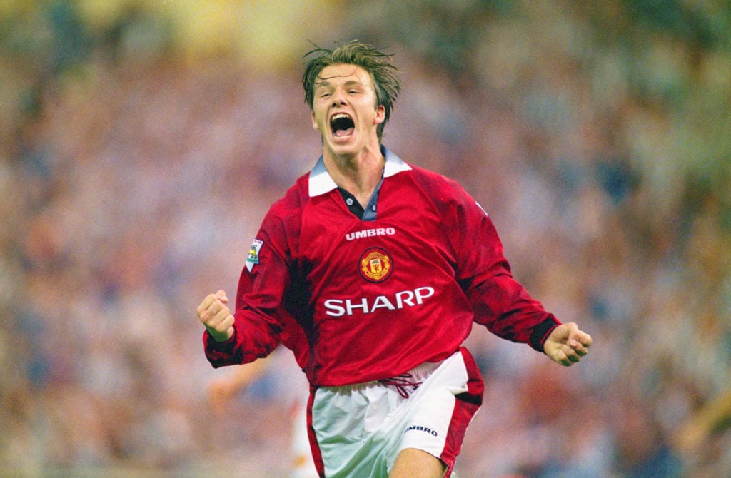 David Beckham of Manchester United celebrates after scoring the third goal in the 1996 FA Charity Shield between Manchester United and Newcastle Un...