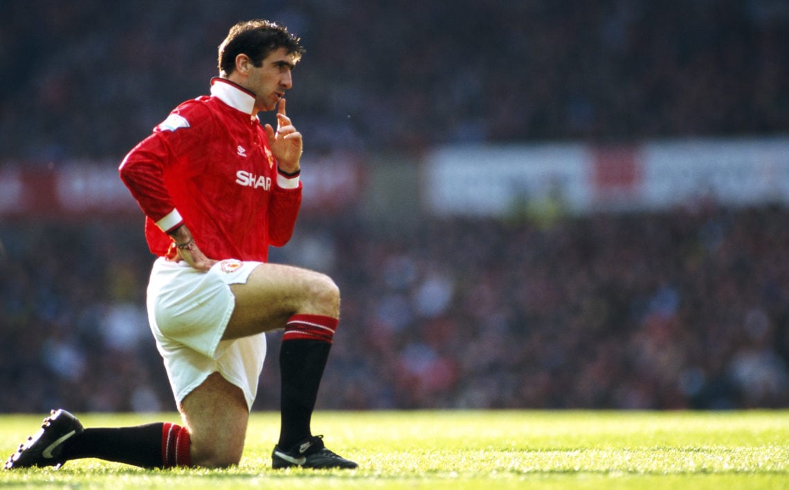 Manchester United striker Eric Cantona reacts during an FA Premier League match between Manchester United and Manchester City at Old Trafford on Ap...