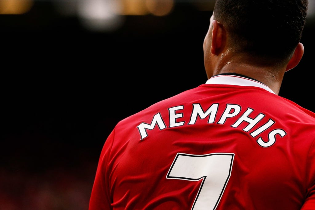 A detailed look and the shirt and number 7 worn by Memphis Depay of Manchester United during the Barclays Premier League match between Manchester U...