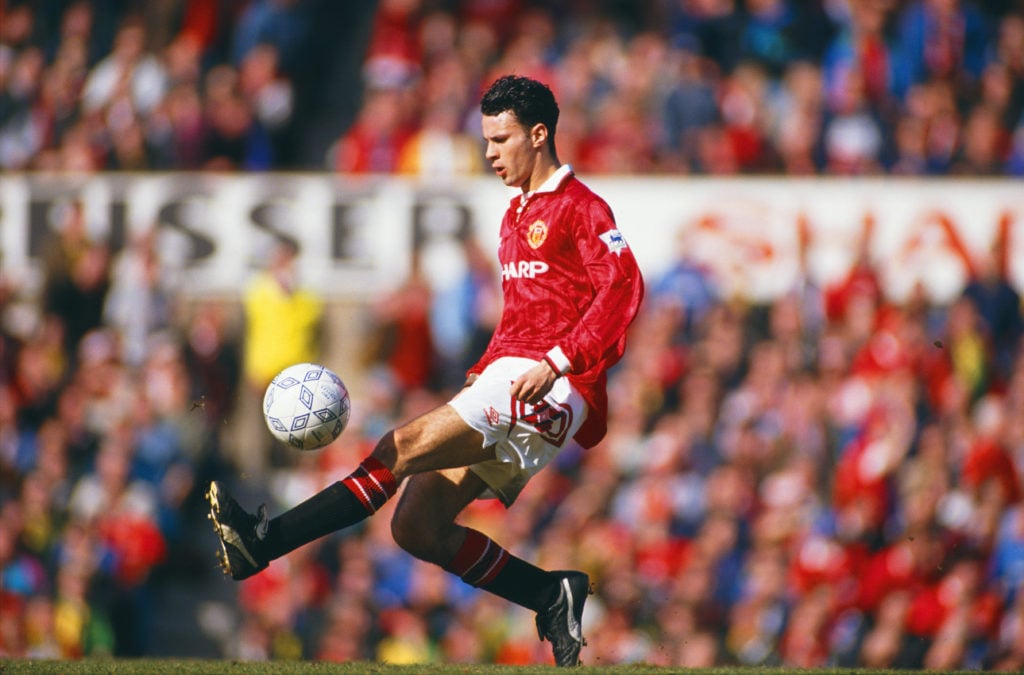 Manchester United player Ryan Giggs in action during a Division One match between Manchester United and Aston Villa at Old Trafford on March 14, 19...