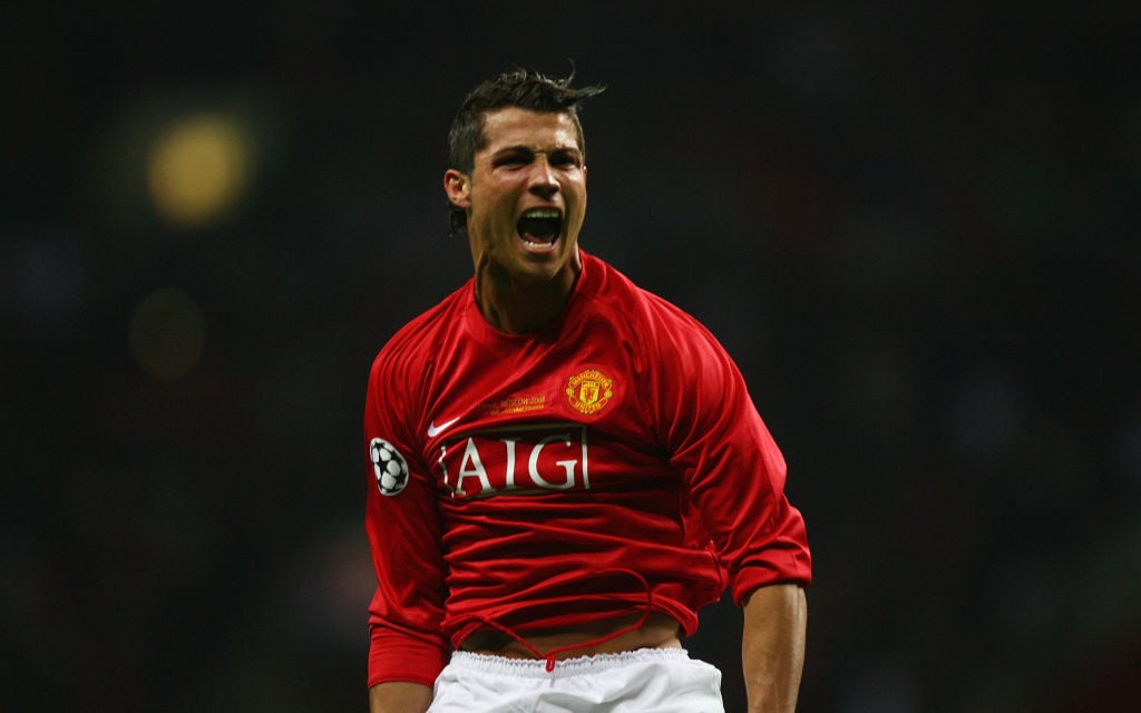 Cristiano Ronaldo of Manchester United celebrates after scoring the opening goal during the UEFA Champions League Final match between Manchester Un...