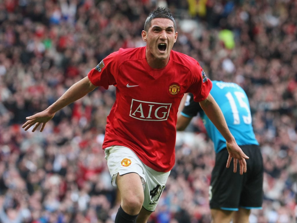 Federico Macheda of Manchester United celebrates scoring their third goal during the Barclays Premier League match between Manchester United and As...