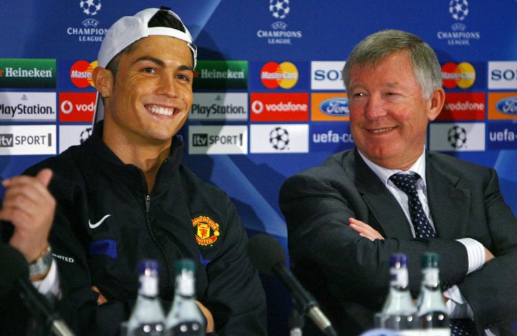 Cristiano Ronaldo of Manchester United and Sir Alex Ferguson the manager of Manchester United face the media during a press conference held at Old ...