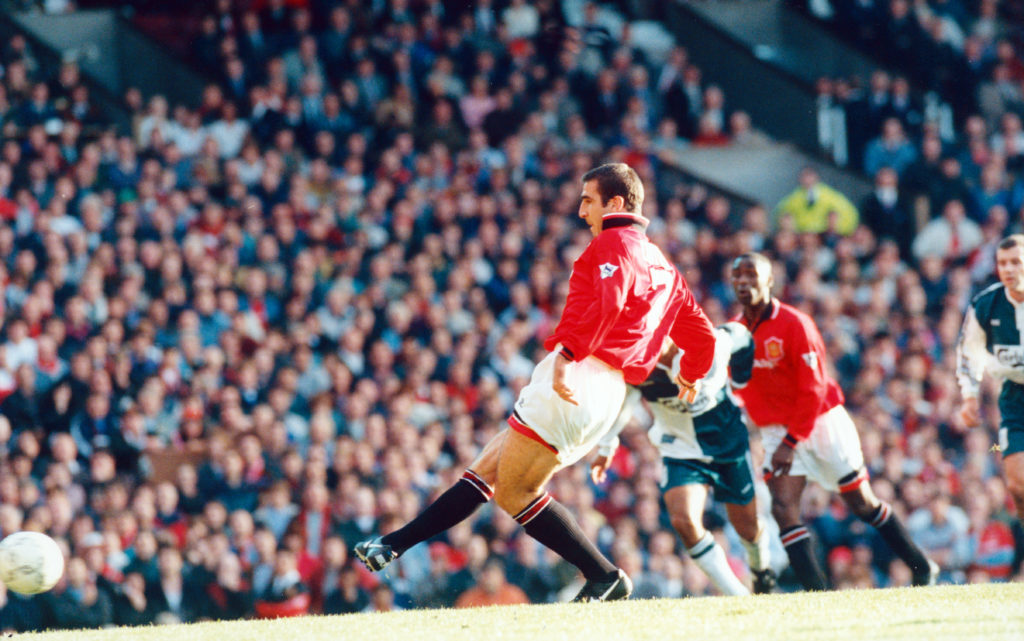 Manchester United 2-2 Liverpool, Premier League match at Old Trafford, Sunday 1st October 1995. Eric Cantona, scoring goal from penalty spot.