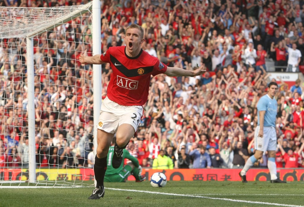 Darren Fletcher of Manchester United celebrates scoring their second goal during the Barclays Premier League match between Manchester United and Ma...