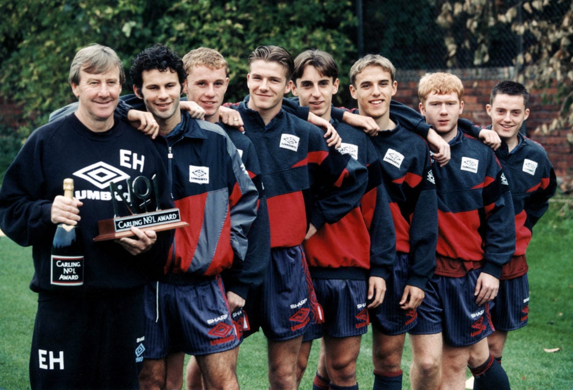 Ryan Giggs, Nicky Butt, David Beckham, Gary Neville, brother Phil Neville, Paul Scholes and Terry Cooke. Circa 1992.