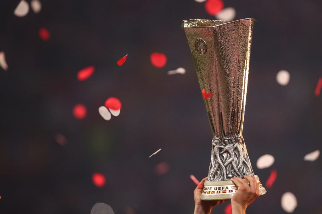 Players of Atletico Madrid lift the UEFA Europa League trophy during the UEFA Europa League Final between Olympique de Marseille and Club Atletico ...