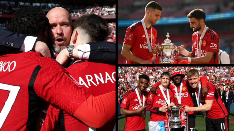 Manchester United defender and Manchester United midfielder Bruno Fernandes celebrate with the trophy and the Portuguese national flag after winnin...