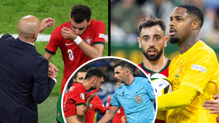 Portugal's head coach Roberto Martinez greets Portugal's midfielder #08 Bruno Fernandes as he leaves the pitch after being substituted during the U...