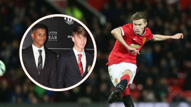 Callum Gribbin scores in Man Utd FA Youth Cup v Hull. Inset, Gribbin at player of the year award ceremony with Marcus Rashford