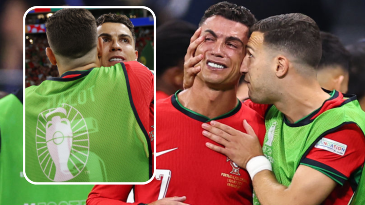 Diogo Dalot consoles Cristiano Ronaldo. Inset, Dalot hugs Ronaldo