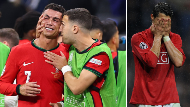 Tearful Cristiano Ronaldo consoled by Diogo Dalot, right: Ronaldo covers his face, 2008