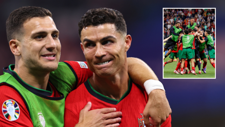 Cristiano Ronaldo of Portugal celebrates with Diogo Dalot after the UEFA EURO 2024 round of 16 match between Portugal and Slovenia at Frankfurt Are...