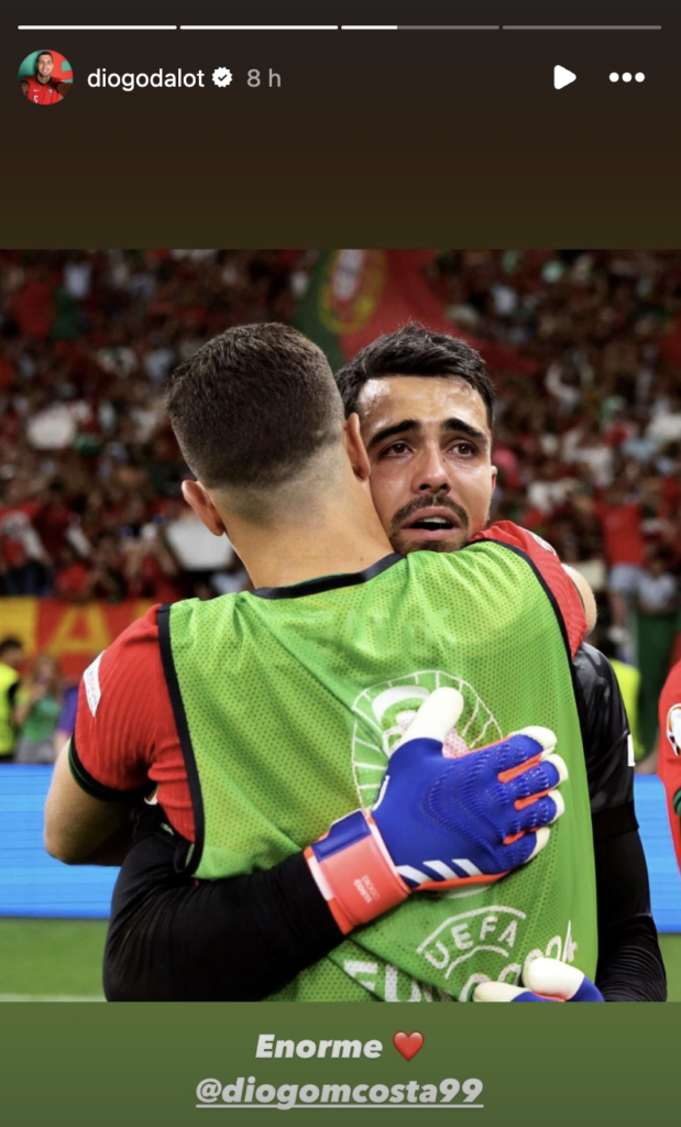 Manchester United star Diogo Dalot reacts to the performance of Portugal teammate Diogo Costa at Euro 2024. Credit: Instagram