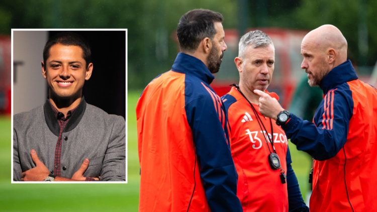 MANCHESTER, ENGLAND - JULY 11: Manager Erik ten Hag, Assistant Manager Ruud van Nistelrooy and Assistant Manager Rene Hake of Manchester United in ...