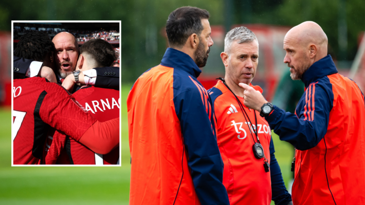 MANCHESTER, ENGLAND - JULY 11: Manager Erik ten Hag, Assistant Manager Ruud van Nistelrooy and Assistant Manager Rene Hake of Manchester United in ...