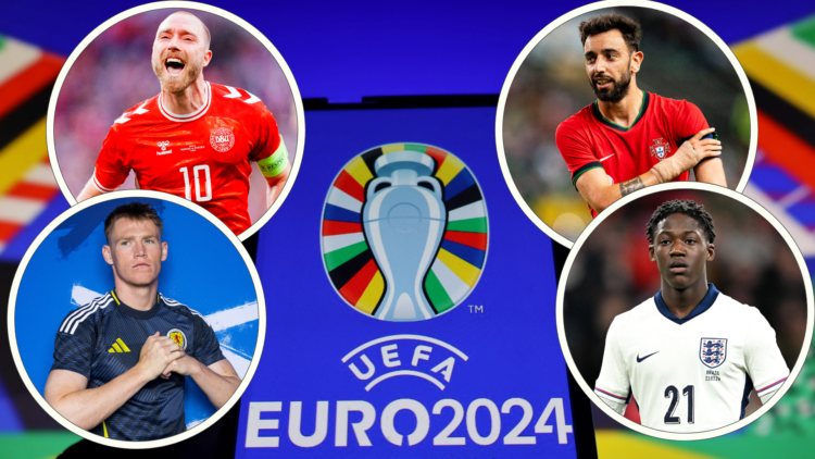 Euro 2024 logo - including headshots of Chrisian Eriksen, Scott McTominay (left) and Bruno Fernandes, Kobbie Mainoo (right)