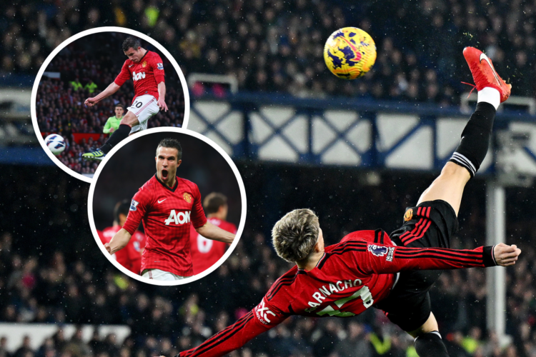 Alejandro Garnacho scores bicycle kick v Everton, inset, Robin van Persie scores v Villa in 2013, volley, inset, Van Persie celebrates