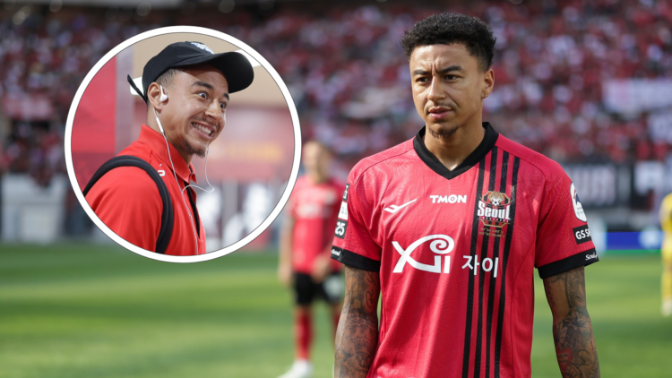 Jesse Lingard lines up for FC Seoul. Inset, Lingard, wearing a cap, grins