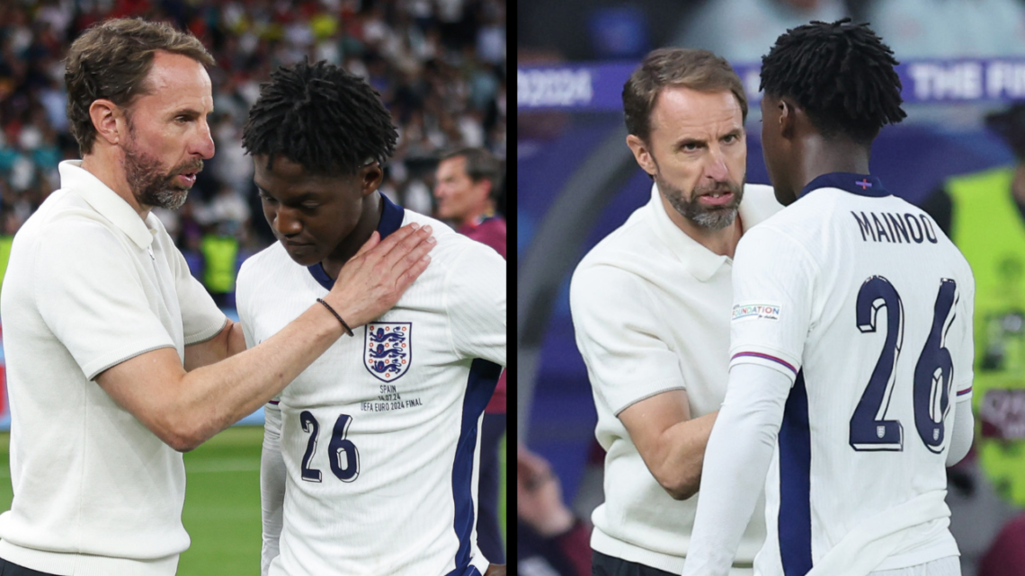 BERLIN, GERMANY - JULY 14: Gareth Southgate manager / head coach of England with Kobbie Mainoo of England during the UEFA EURO 2024 final match bet...