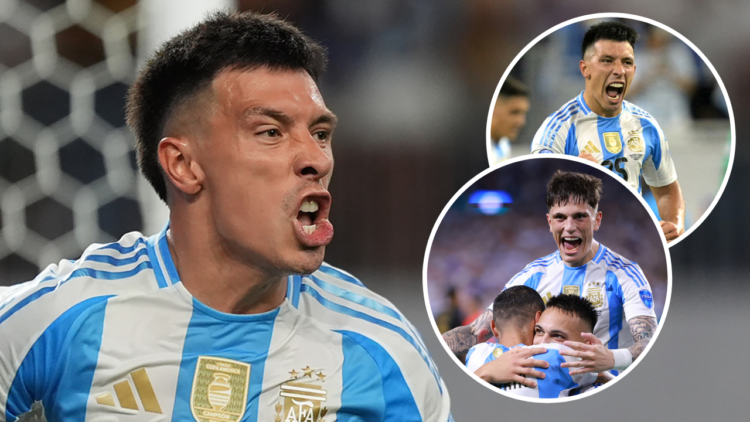 HOUSTON, TEXAS - JULY 04: Lisandro Martinez of Argentina celebrates after scoring the team's first goal during the CONMEBOL Copa America 2024 quart...