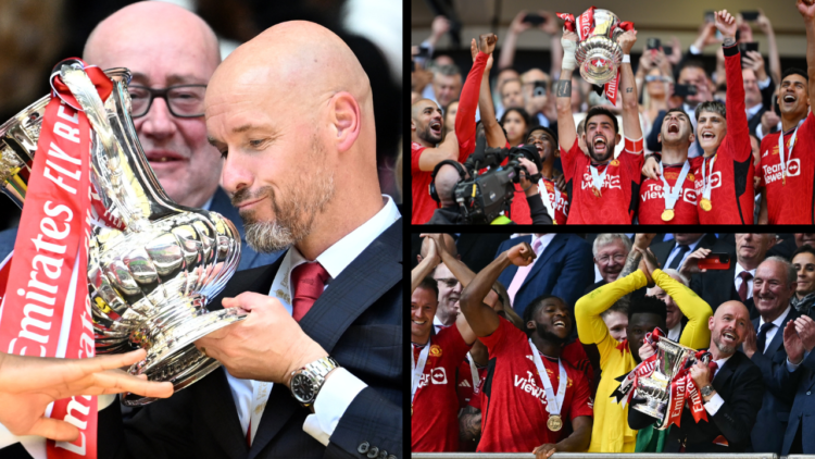 Erik ten Hag, manager of Manchester United, lifts the Emirates FA Cup trophy after his team's victory after the Emirates FA Cup final match between...