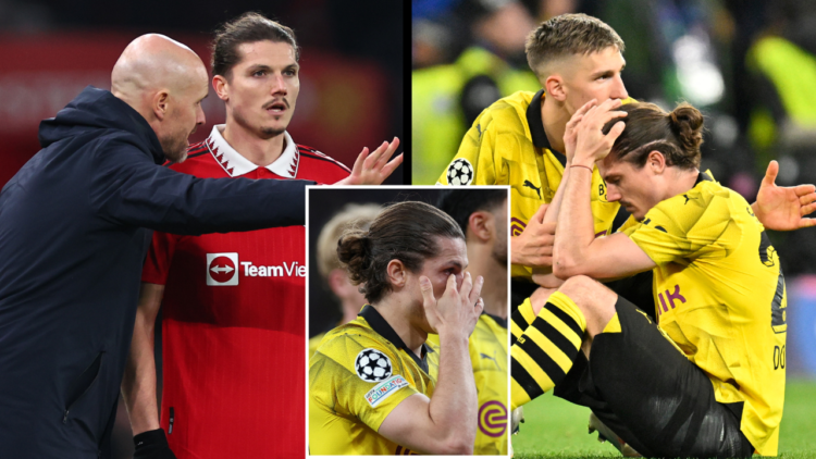 Borussia Dortmund’s Austrian midfielder Marcel Sabitzer reacts after losing at the end of the UEFA Champions League final football match between Bo...