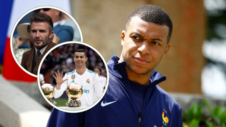 Kylian Mbappe looks stern. Inset, Cristiano Ronaldo with Ballon d'Or awards, raising five fingers, and David Beckham in suit