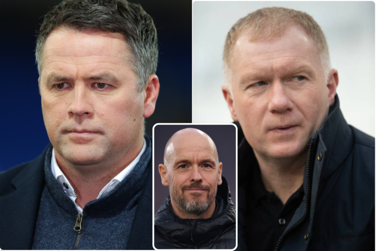 Michael Owen and Paul Scholes headshots split image. Erik ten Hag inset