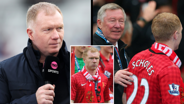 Paul Scholes with his teammates after the Premier League match between Manchester United and Swansea City at Old Trafford in 2013. Insert images in...