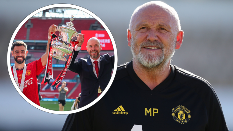 Mike Phelan smiles, inset Erik ten Hag and Bruno Fernandes lift the FA Cup