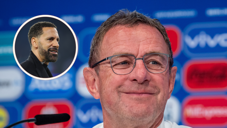 Ralf Rangnick grins at press conference. Inset, Rio Ferdinand smiles