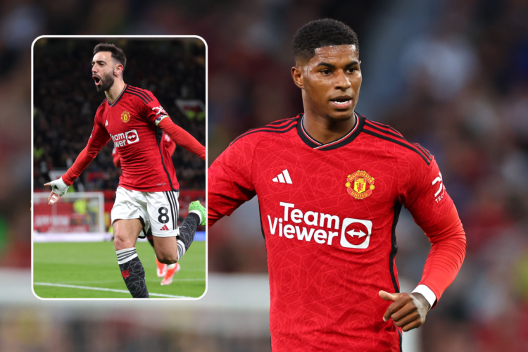 Marcus Rashford in action, inset Bruno Fernandes celebrates