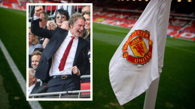 Old Trafford interior with Man Utd badge on corner flag. Inset, Sir Jim Ratcliffe punches the air and celebrates at Wembley