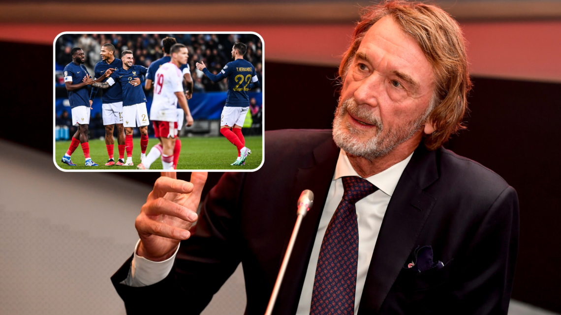 Sir Jim Ratcliffe speaks at conference. Inset, France team celebrate, including Jean-Clair Todibo