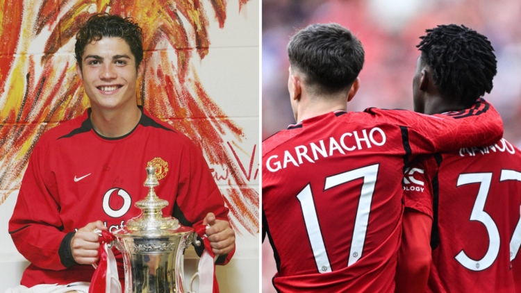 Cristiano Ronaldo celebrates FA Cup win in 2004, Alejandro Garnacho and Kobbie Mainoo celebrate opening goal of 2024 FA Cup final